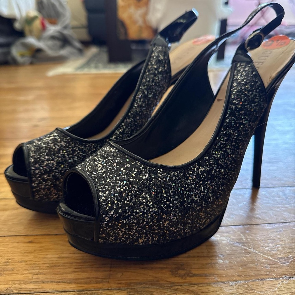 Elegant Black Glitter Peep-Toe Slingback Heels